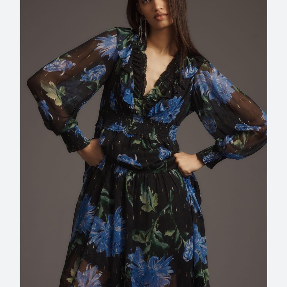 Anthropologie Odetta Ruffled V-Neck Dress, Size Small